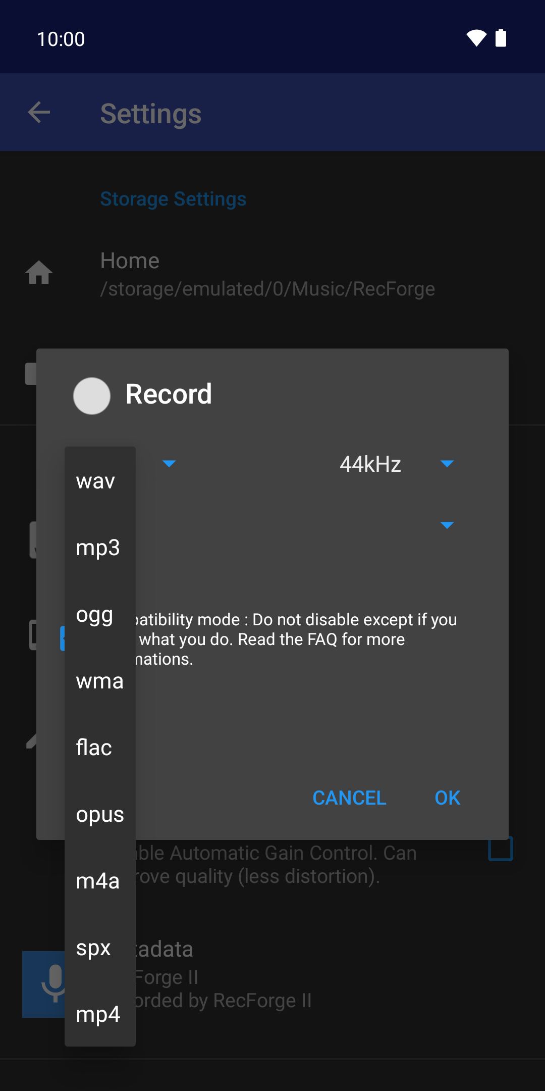 RecForge II — Format picker