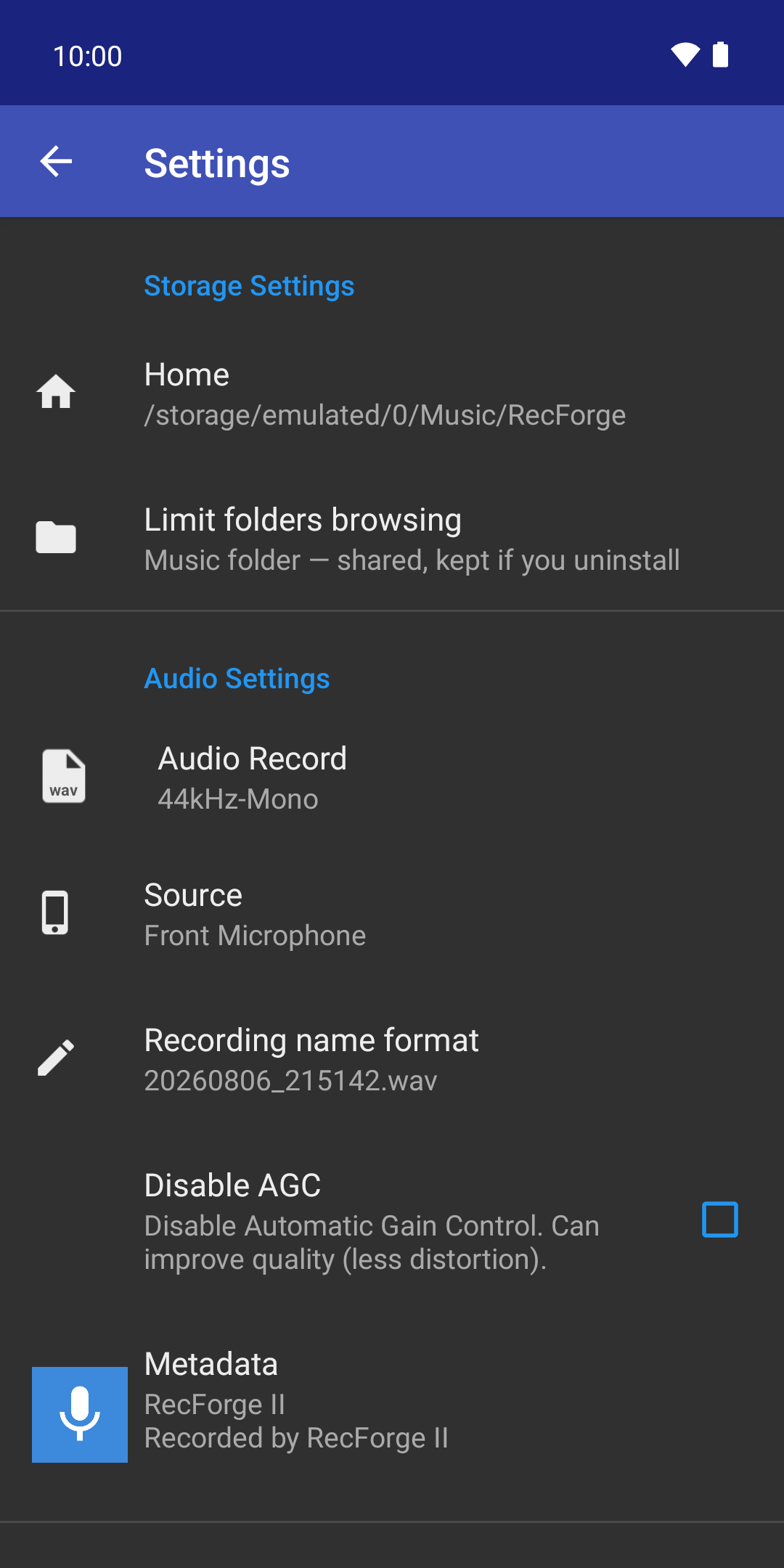 RecForge II — Settings panel